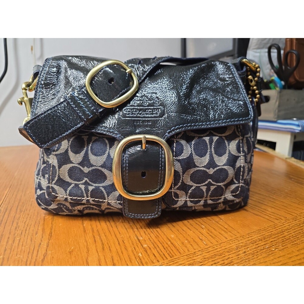 Coach Signature Denim Bleecker Flap Blue Patent Leather Shoulder Bag 12572